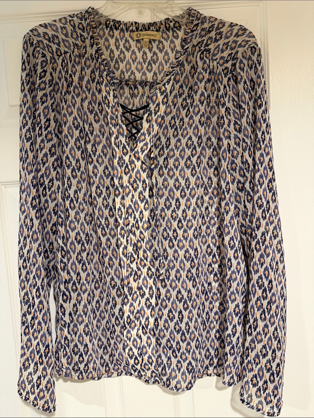 Democracy Navy, White & Tan Printed Long-Sleeve Lace-Up Shirt XL